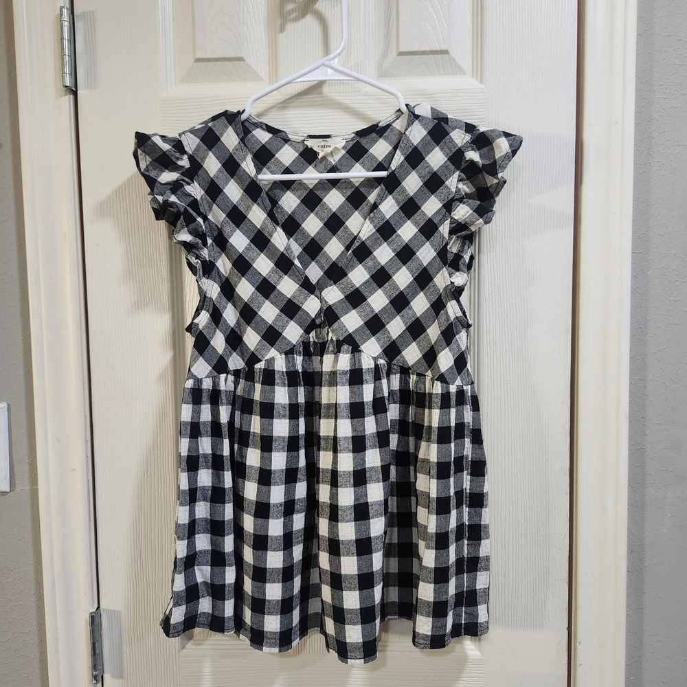 Entro Black White Gingham Ruffle Sleeve Babydoll Top V-Neck Cotton T15450 size S - Picture 1 of 8